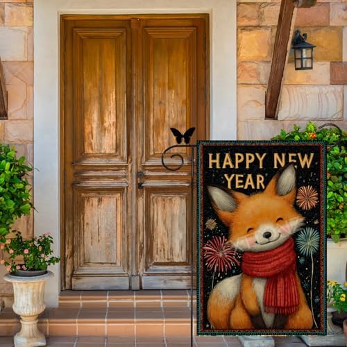 Happy New Year Garden Flag 12x18 Double Sided Vertical Linen Small Fireworks Fox House Flag Welcome Holiday Winter House Outdoor Outside Decorations (27166)