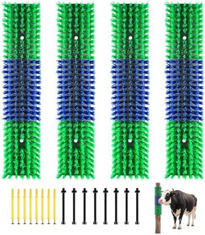 VEVOR Livestock Scratching Brush, 4PCS Goat Scratcher Brush Post with 16 Screws, 16.9" x 3.9" Cow Scratcher for Back Itch Relief, Massage Grooming Scratch Tool for Horse Cattle Sheep Pig, Green & Blue