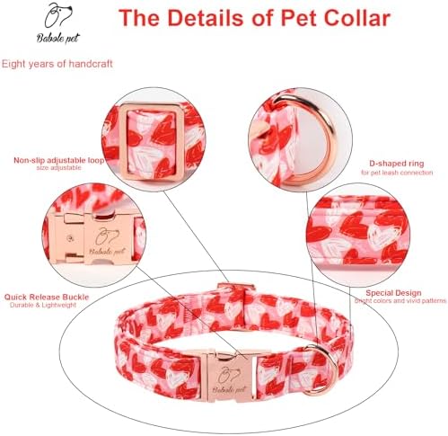 Valentines Dog Collar, Cute Pink Valentine Dog Collars, Doodle Heart Pattern, Adjustable Heavy Duty Pet Collar for Small Medium Large Dogs with Metal Buckle XL