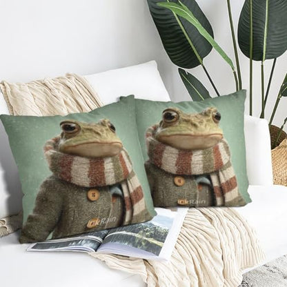 InkRain Winter Animal Cute Frog Pillow Cover 20x20 Inch Set of 2 Home Decor Decorative Cotton Linen Illustration Pillowcases for Living Room House Sofa