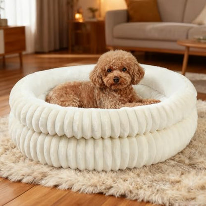 Washable Round Donut Dog Bed,Cat Beds for Indoor Cats(White, M)