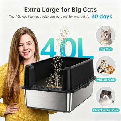WoofiGo XL Stainless Steel Litter Box, High Sided Litter Pan for Big Cats