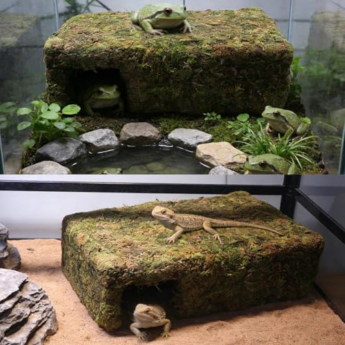 Yellow Mossy Cave Hide for Reptiles, Lizard Gecko Snake Shelter Hut