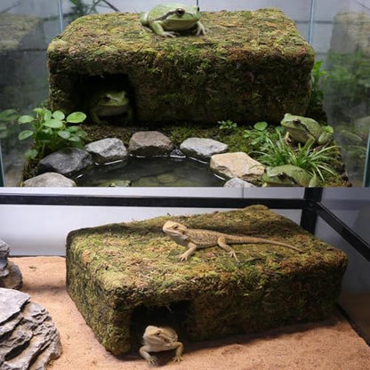 Yellow Mossy Cave Hide for Reptiles, Lizard Gecko Snake Shelter Hut