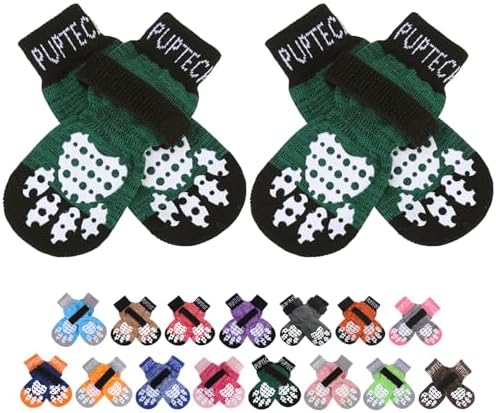 PUPTECK Anti-Slip Dog Socks with Double Sides Grips for Small Medium Large Dogs Hardwood Floors Prevents Licking, Dog Shoes for Hot Pavement Traction Control for Senior Dogs, Dark Green, XL