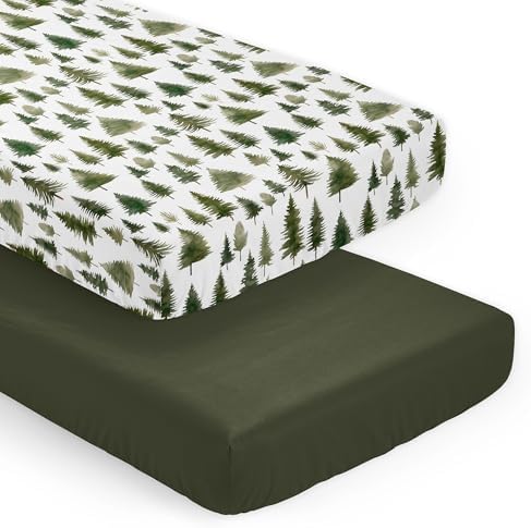 Sweet Jojo Designs 2-Piece Baby Crib Sheets Set (Green Woodland Tree) for Boys or Girls, Infant Nursery, Toddler Room - Standard Size (Neutral, Solid, Forest Pine Trees, Wilderness, Christmas Fir)