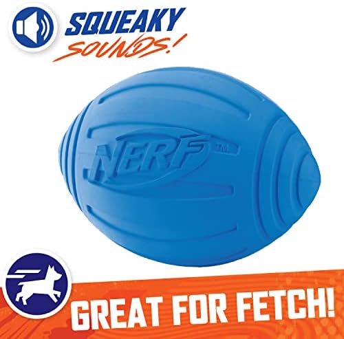 Nerf Dog Ridged Football Dog Toy with Interactive Squeaker, Lightweight, Durable and Water Resistant, 7 Inch Diameter for Medium/Large Breeds, Single Unit, Blue