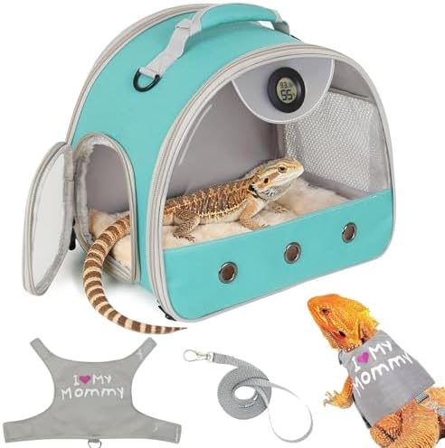 Adjustable Harness Leash Bearded Dragon Carrier,Breathable Reptile Travel Bag with Built-in Thermometer Hygrometer&Clear View Window,Portable Habitat for Lizard,Ball Python & Small Reptiles