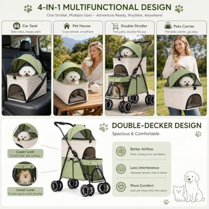 YYW Double Pet Stroller Foldable 2 Carriages Lockable Wheels Green Beige