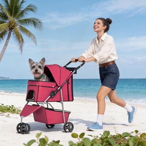 BestPet | 3-Wheel Pet Stroller | Red | Foldable Dog and Cat Stroller