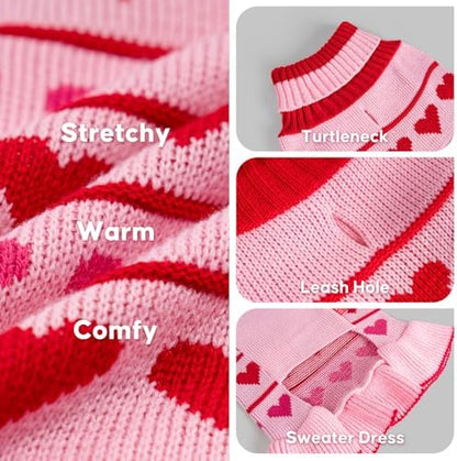 KYEESE Valentines Dog Sweater, Warm Pullover Dog Sweaters for Small Dogs, Soft Turtleneck Small Dogs Sweater, Stretchy Pet Sweaters Dress with Heart Print, Comfy Pet Clothes Coat with Leash Hole, L