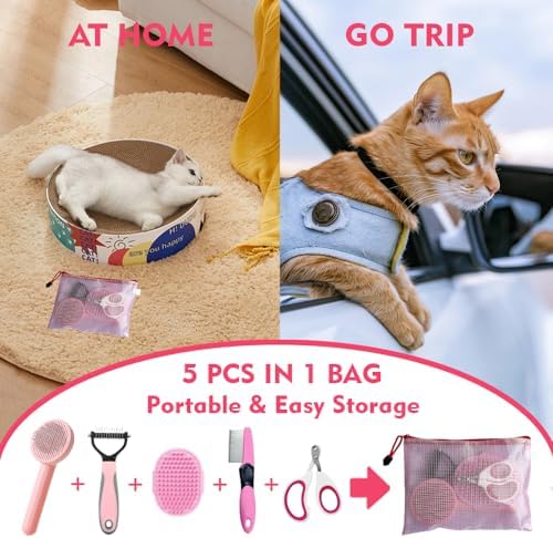 Grooming Kit for Indoor Long-Haired Cats - Self-Cleaning Brushes for Shedding and Matted Fur, Flea Comb Set, Pink