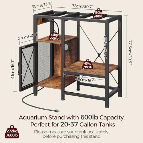 MAHANCRIS 20-37 Gallon Fish Tank Stand, Aquarium Stand with Power Outlet and Storage Cabinet, Heavy Duty Tank Stand Suitable for Turtle Tank, Reptile Terrarium, for Home Office, Rustic Brown FTHR40E01