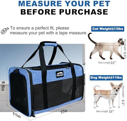Pet Carrier Airline Approved, Soft Sided Cat Carrier for Small Pets up to 13 lbs, TSA Approved Dog Travel Bag, Portable Soft Sided Pet Carrier for Kittens and Puppies (Blue, Folding Bowl)