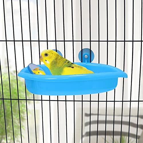 Wontee Bird Bath with Mirror for Small Birds Budgie Parakeet Cage, Blue (A)