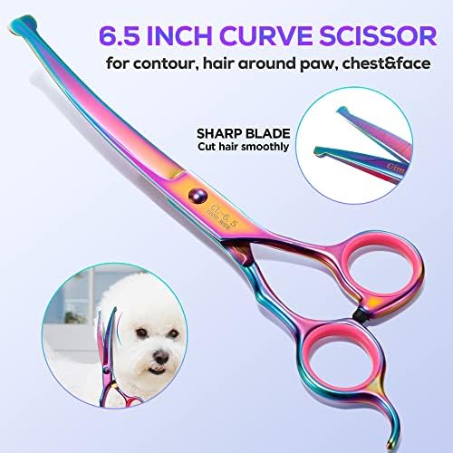 Gimars Professional 4CR Stainless Steel 6 in 1 Grooming Scissors for Dogs with Safety Round Tip, Heavy Duty Titanium Coated Pet Grooming Scissor for Dogs, Cats and Other Animals