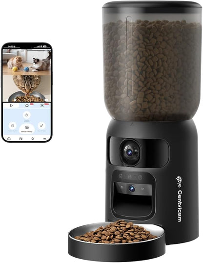 5G WiFi Automatic Cat Feeder with Two Camera: Automatic Pet Feeder with Laser Pointer, Cat Food Dispenser with Night Vision for Multiple Pet, Detachable for Easy Clean -24 Cup -6L Storage