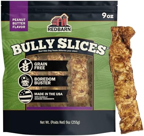 Redbarn Pet Products All-Natural Rawhide Bully Slices - Peanut Butter Flavor - Premium Grain-Free Beef Hide Treats High Protein Low Fat for Chewers - 9 oz Bag