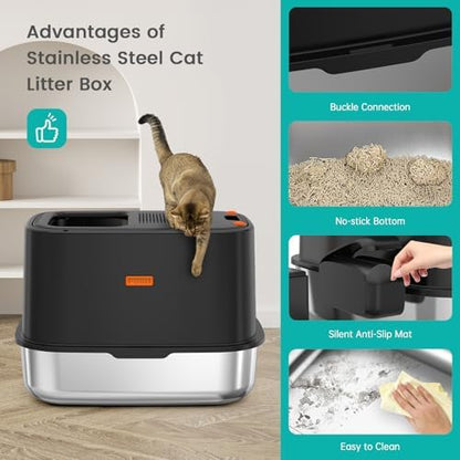 XL Stainless Steel Cat Litter Box with Lid, Top Entry, Mat & Scoop Included