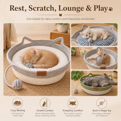 Instinct Basket for Cats, Handwoven Cotton Rope Cat Basket Bed with Toy Ball and Cat Ear Handles, Scratchable Breathable Round Woven Cat Basket for Indoor Cats (Medium,Gray White Basic)