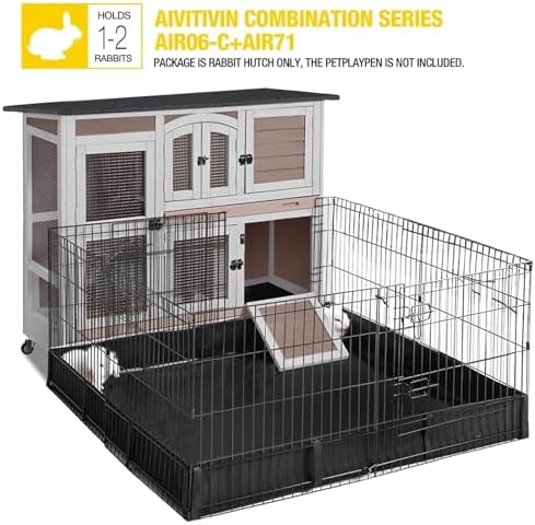 Aivituvin Rabbit Hutch Bunny Cage with Wheels Indoor Outdoor Two Story Guinea Pig Cage with 2 Deep No Leak Tray
