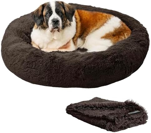Best Friends by Sheri Bundle Set The Original Calming Shag Donut Cuddler Cat and Dog Bed + Pet Throw Blanket, Dark Chocolate, Extra Large, 45x45
