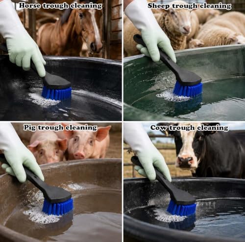 2 Pack Livestock Trough Cleaning Brushes with Protective Gloves, Heavy Duty Plastic Scrub Brush with Non-Slip Handle, Compatible with Horse Water Troughs, Buckets, Feed Tubs, Barns and Farm Supplies