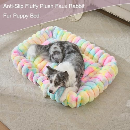 Luxury Dog Beds,Large Sized Dog Washable Furry Pet Beds,Comfort Rectangle Pet Sofa Couch with Ultra,Puppy Beds with Removable Zipper Cover,30x25x7.5inches,Rainbow