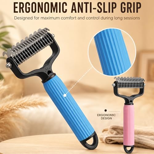 2PCS Pet Grooming Combo - Blue Deshedding Brush with Metal Comb for Detangling and Dematting Long, Matted Fur on Cats and Dogs (2PCS-A)