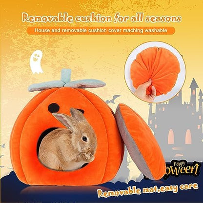 YUEPET Rabbit Cave Bed, Warm Bunny Hideout, Guinea Pig Bed, Pumpkin, Size M