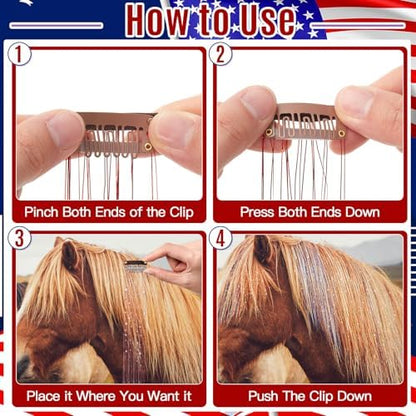 Juexica 18Pcs Horse Bling Accessories Clip in Hair Extension, Patriot