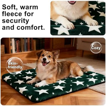 Dog Bed Mat – Soft & Comfortable Dog Kennel Pad for Crate – Durable Crate Bed & Mat for Dogs & Cats – Ideal for Crate, Kennel, and Home Use (Big&Little Stars Green, M(30"*20"*1.5"))