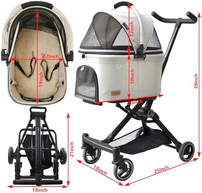 ROODO 2026 Upgraded Version 3 in 1 Dog Cat Stroller with Detachable Carrier Lightweight Folding Portable All Terrain Pet Travel System Puppy Kitty Doggie Bunny Stroller for 30lbs(Light Khaki)