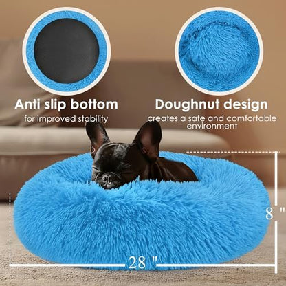 28in Large Dog Bed, Calming Donut Bed for Puppy and Kitten (Light Blue)