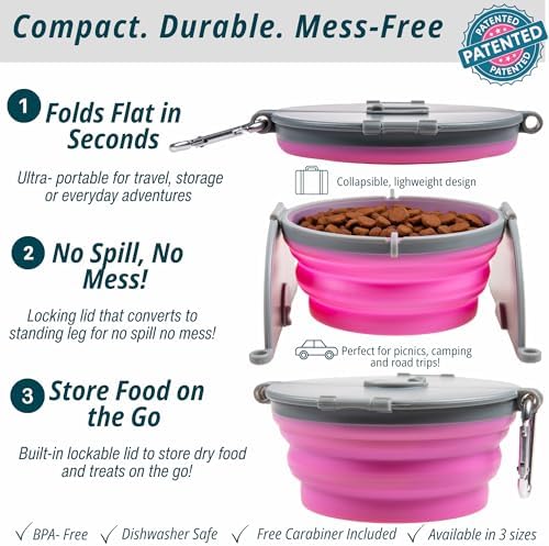 Loving Pets Bella Roma Collapsible Dog Bowls - Silicone Dog Bowls, Foldable Bowl, Puppy Essentials & Hiking Pet Supplies Great for Home & Travel (Pink, Large)