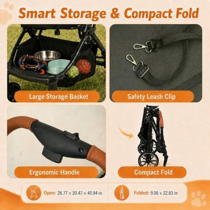 Pet Stroller with Detachable Carrier, Foldable Dog & Cat Stroller