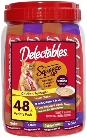 Delectables Squeeze Up Non-Seafood Chicken with Duck & Catnip Variety Pack, Creamy Squeezable Puree, Lickable Wet Cat Treats, Grain-Free, No Added Fillers, 0.5 Ounces Tube, 48 Tubes Total