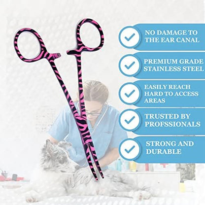 Dog Pet Ear/Nose Hair Puller Grooming Hemostat Locking Forceps Curved Pliers, 5.5" (14cm) Full Serrated Clamps Stainless Steel (Pink Candy Swirls)