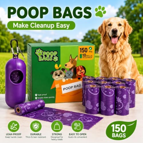 Dog Poop Bags with Dispenser Pet Waste Bags, 10 Rolls (150 Counts Total)