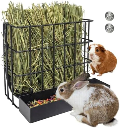 BESNEW 2-in-1 Large Rabbit Hay Feeder with Food Box,Upgraded Metal Guinea Pig Hay Feeder Hay-Leak Proof Bottom,Easy to Install,Bunny Supplies for Rabbit Guinea Pig Chinchilla Small Animals