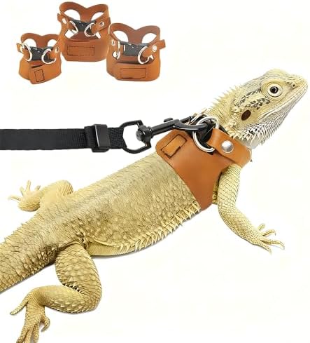 3 Pack Bearded Dragon Harness and Leash Set - Adjustable Soft Leather Vest with 6.89FT Retractable Lead, Escape-Proof Lizard Walking Harness for Reptiles, Squirrels & Small Pets (Brown)