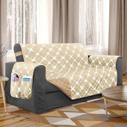 Elegant Comfort Quilted Furniture Protectors Solid and Printed Design Reversible Slipcovers Featuring Elastic Straps and Smart Pockets Great for Pets, and More, Bloomingdale Loveseat, Cream/Taupe