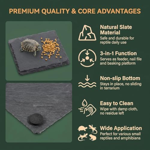 3.9 Inch Square Reptile Basking Platform Slate, Rock Feeding Slate Tile Habitat for Reptiles, Bearded Dragon Basking Resting Platform for Tortoise Lizard Gecko