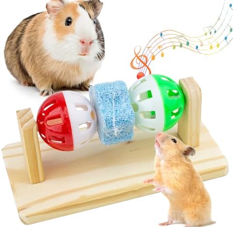 Hamster Enrichment Bell Ball Toys, Natural Guinea Pig Chewing Calcium Stone for Teething, Interactive Wooden Small Anima Cage Toys for Rats, Syrian & Dwarf Hamsters Playing Teeth Grinding