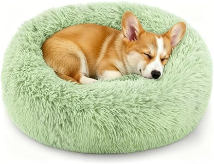 Calming Donut Dog and Cat Bed for Indoor Cats, Anti-Anxiety Round Fluffy Soft Washable Small Pet Bed for Puppy and Kitten, Warming Comfortable Luxury Anti-Slip Waterproof Mute Base 20in Green