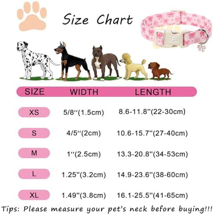 Pink Bow Dog Collar, Summer Cotton Adjustable Pink Bow and Flower Pattern Collar with Cute Pendant, Soft Comfortable Puppy Collar for Small Medium Large Dogs Girls