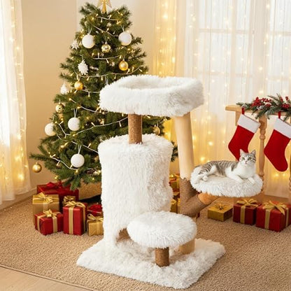 35" Multi-Level Cat Tree with Durable Sisal-Wrapped Posts, Dual Enclosed Condos, Cushioned Perches, and Removable Plush Cover,White