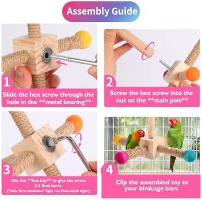 Kyouki Bird Perch Toy - Suitable for Small & Medium Parrots: Conures, Cockatiels, Lovebirds, Parakeets, Quakers, Caiques, Pionus | 360° Spinning Stand (Primary Colors, Medium Size)