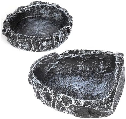 Reptile Water Dish Food Bowl for Bearded Dragon Tank Accessories, Reptile Rock Feeder for Tank 2 Pack Corner Resin Terrarium Bowl for Leopard Gecko Hermit Crab Tortoise Snake, Black