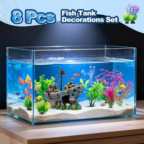 8Pcs Fish Tank Decorations Set Sunken Ship Decoration,Resin Material Fish Tank Accessories Accessories for Natural Look, Aquarium Shipwreck x 1pc, Aquatic Plants x 7pcs